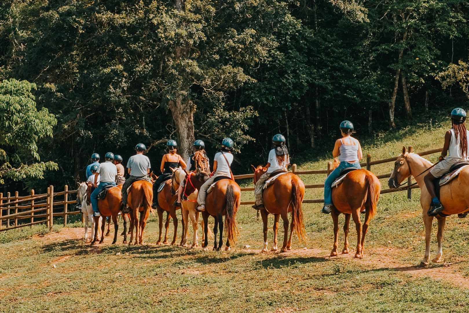 A group of guests going Horseback Riding at The Rainforest Lodge at Sleeping Giant Resort