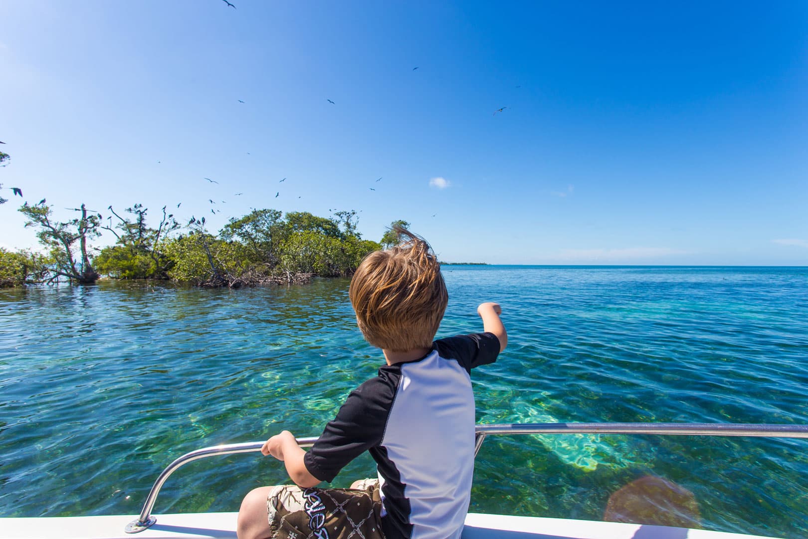 A child sitting on the side a boat looking at a small cay with birds during the Barrier Reef Light Tackle Sport Fishing at The Lodge at Jaguar Reef