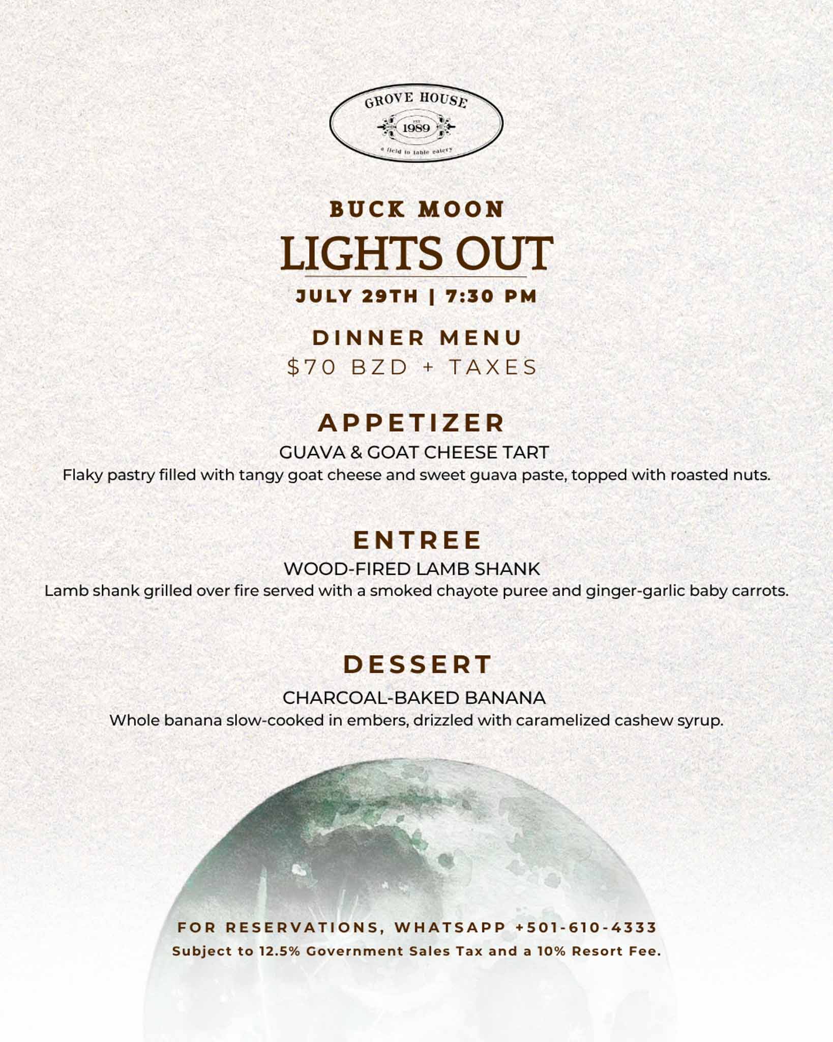 July 29,2026 lights out menu at Grove house at Sleeping giant
