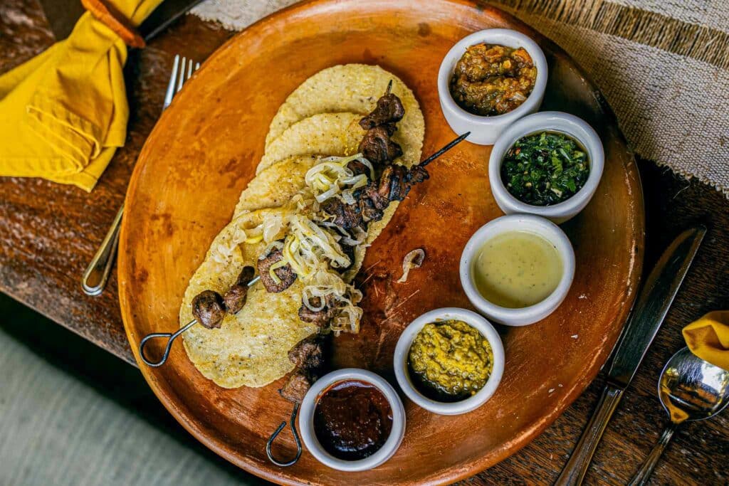 Tacos with a variety of salsas at Grove House Restaurant, The Rainforest Lodge at Sleeping Giant, Belize
