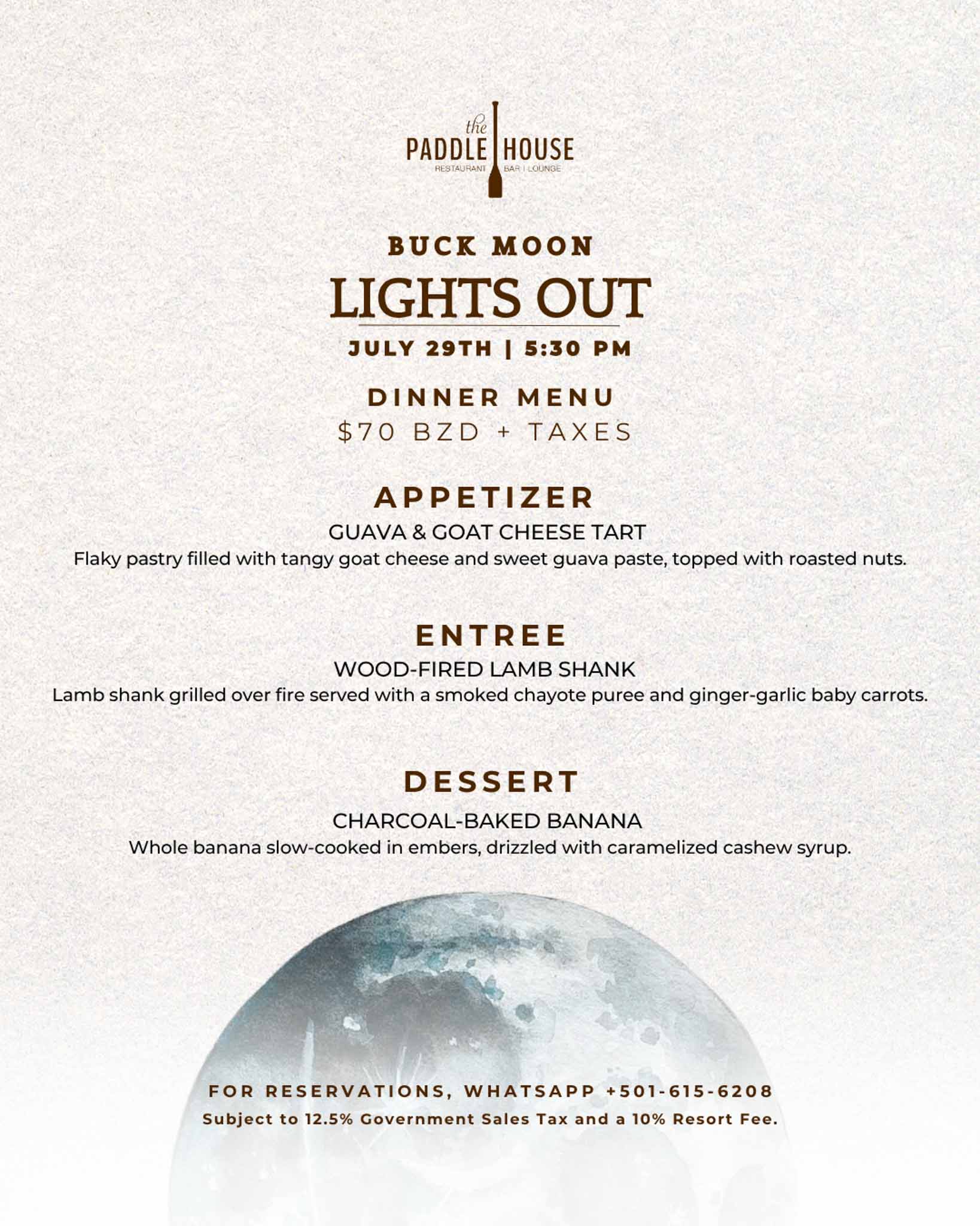 July 29,2026 lights out menu at paddle house at jaguar reef