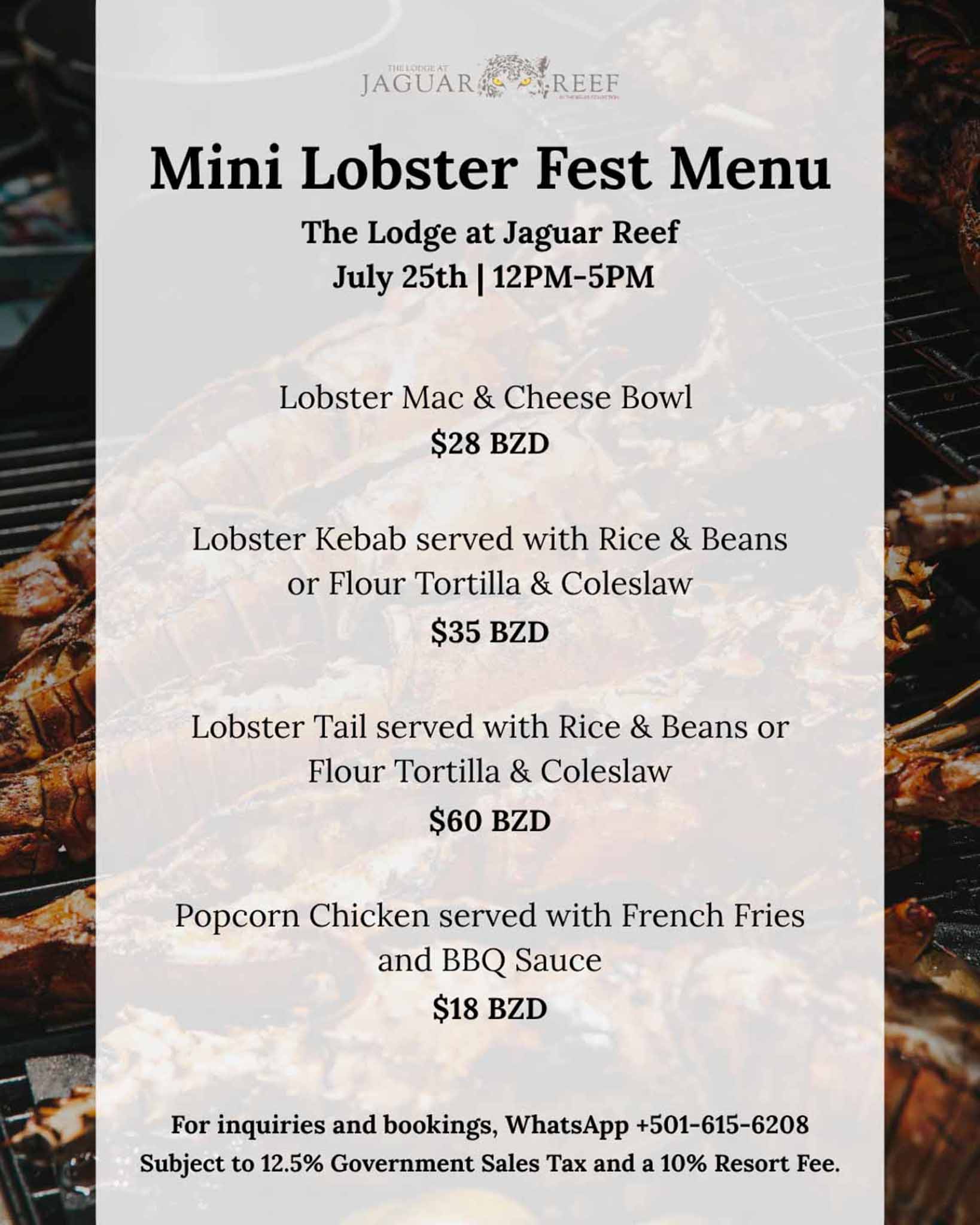 Mini Lobster Fest Menu for Jaguar reef at hopkins