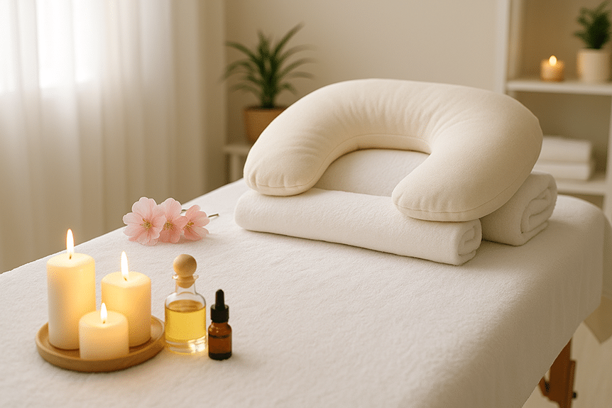 prenatal-massage-spa-setup-candles-pillows